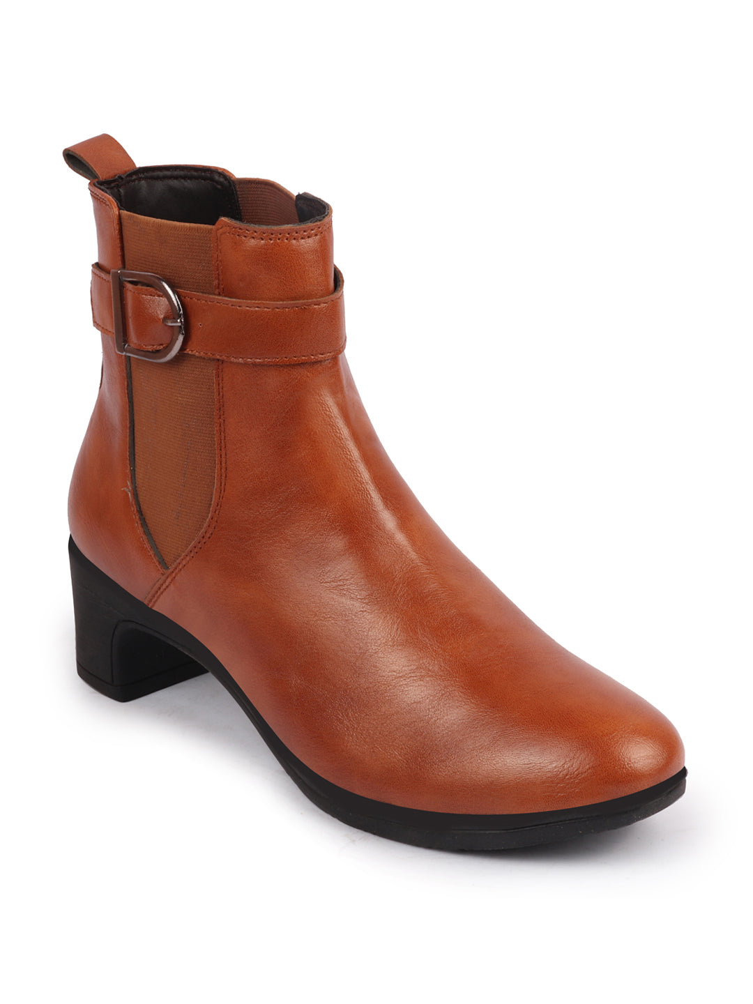 Women Tan Flared Heel High Ankle Classic Winter Buckle Strap Chelsea Boots - Shop Now.