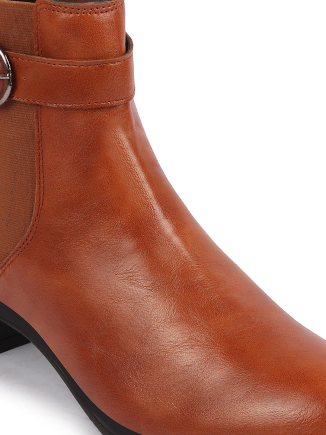 Women Tan Flared Heel High Ankle Classic Winter Buckle Strap Chelsea Boots - Shop Now.