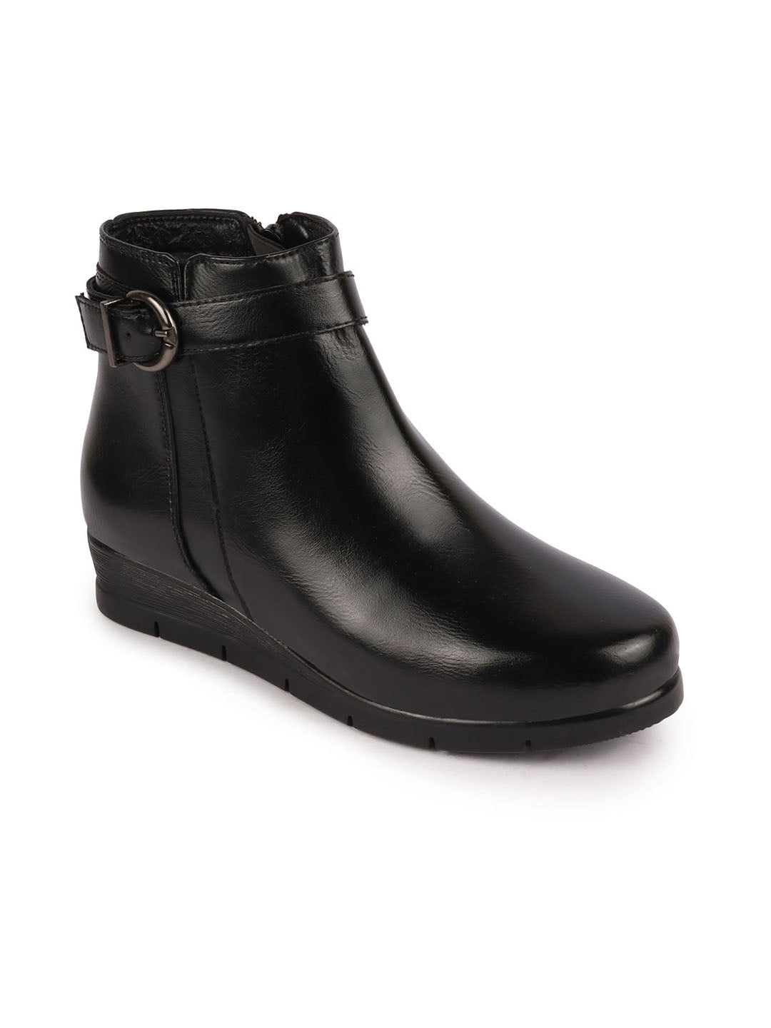 Women's Black Ankle Boots with Zipper and Buckle for Broad Feet - Casual Style