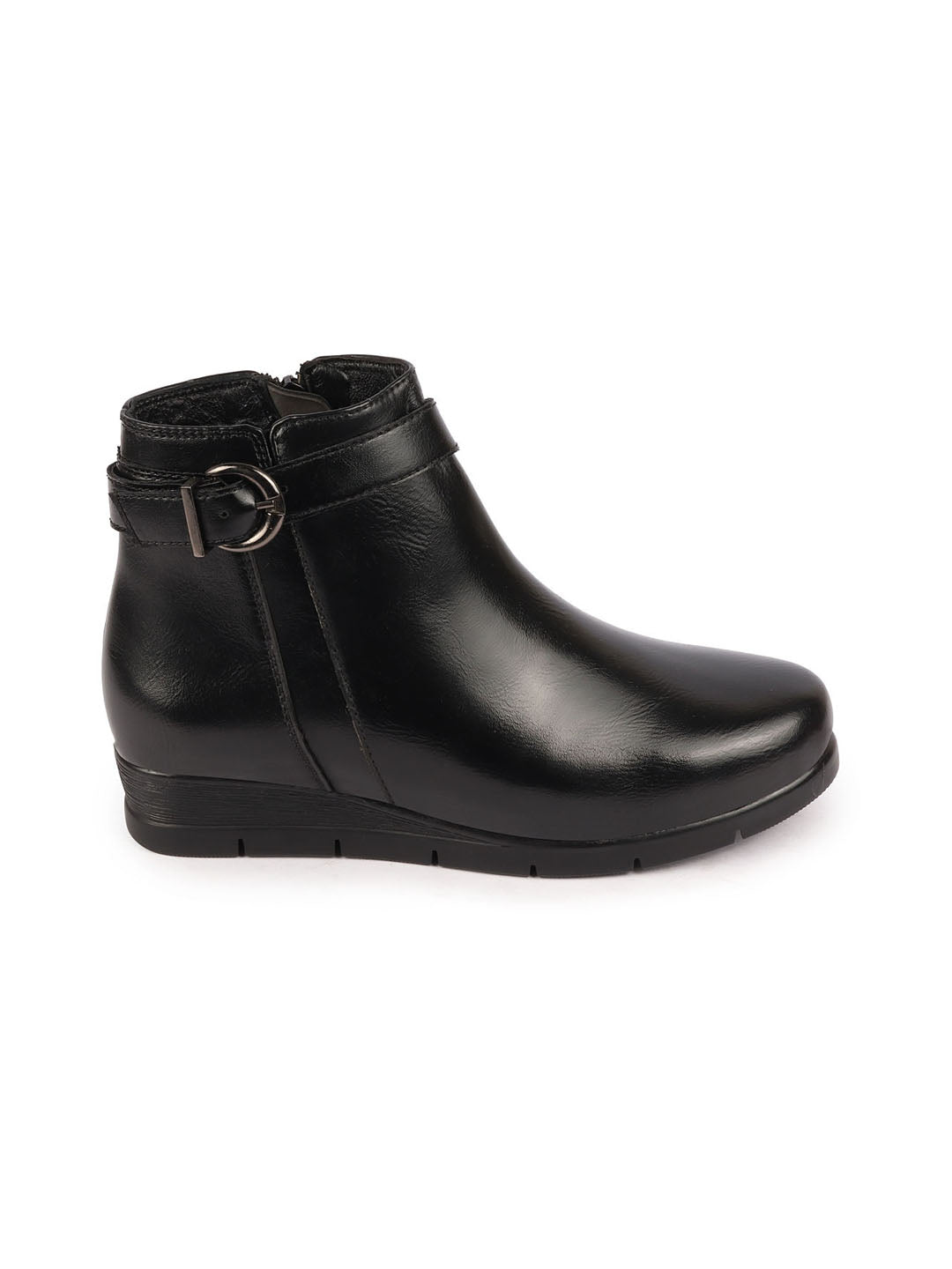 Women's Black Ankle Boots with Zipper and Buckle for Broad Feet - Casual Style