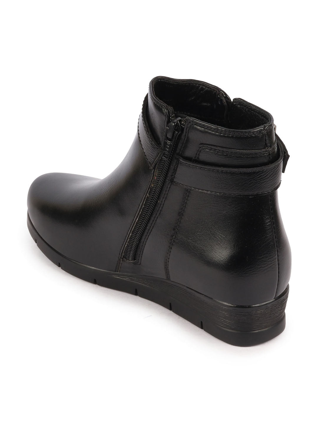 Women's Black Ankle Boots with Zipper and Buckle for Broad Feet - Casual Style