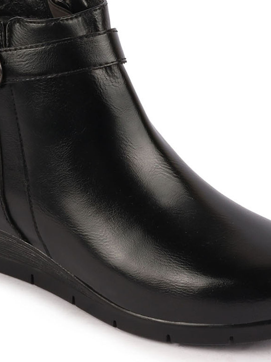 Women's Black Ankle Boots with Zipper and Buckle for Broad Feet - Casual Style