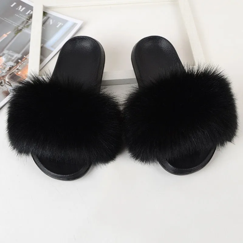 Women's Black Summer Faux Fur Slides - Flat Home Slippers