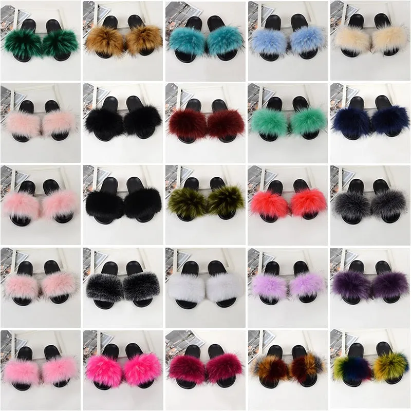 Women's Black Summer Faux Fur Slides - Flat Home Slippers