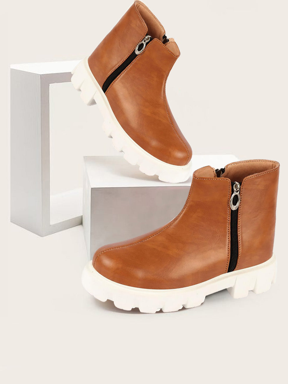 Women's Tan Chunky High Top Boots with Side Zipper - Ideal Office Work Boots