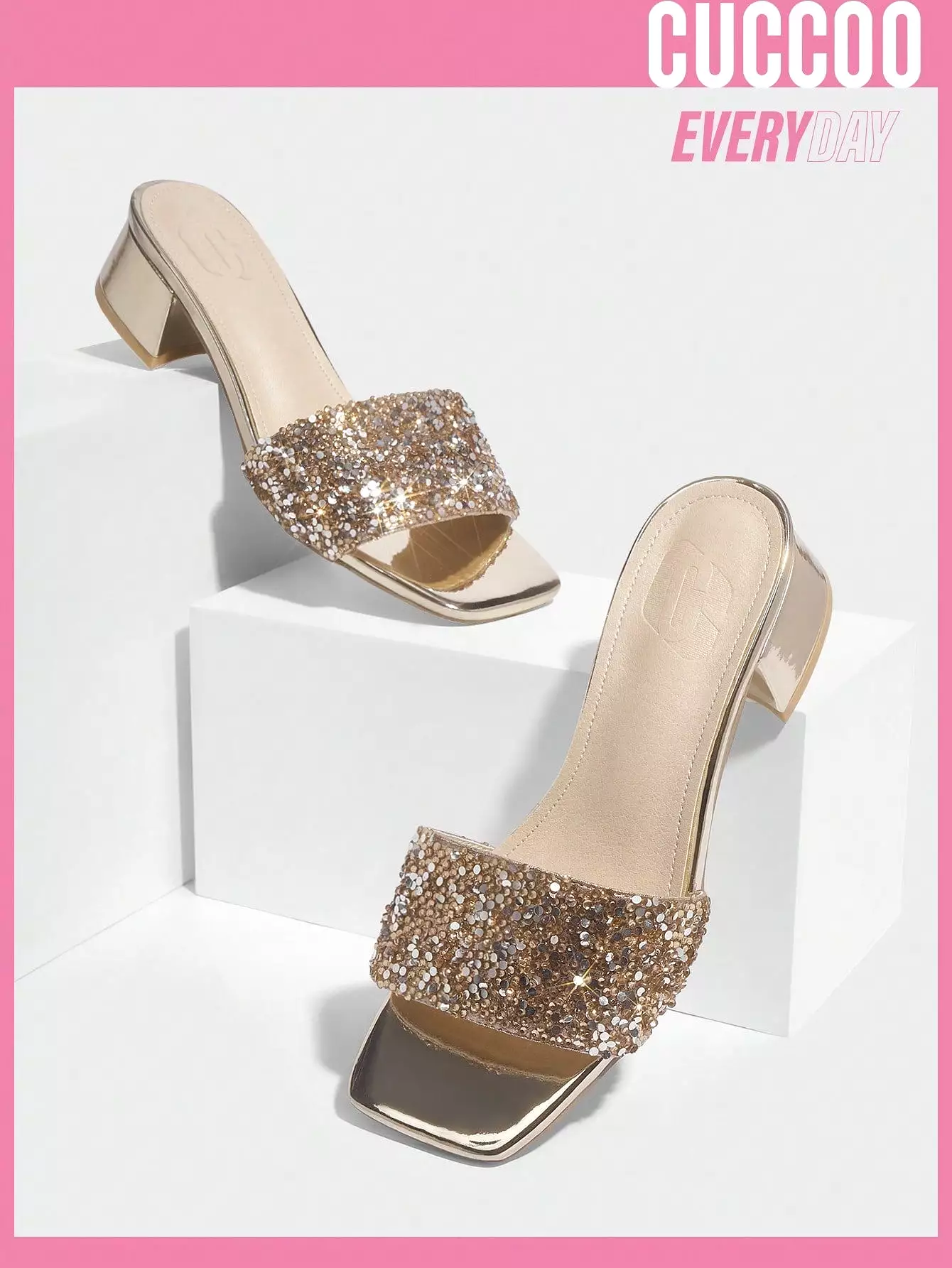 Women's trendy gold rhinestone sandals for spring and summer with chunky low heel