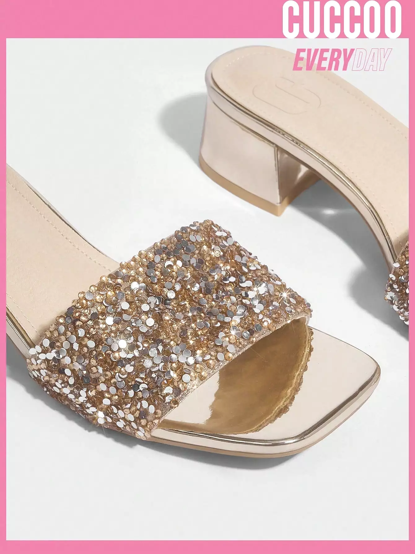 Women's trendy gold rhinestone sandals for spring and summer with chunky low heel