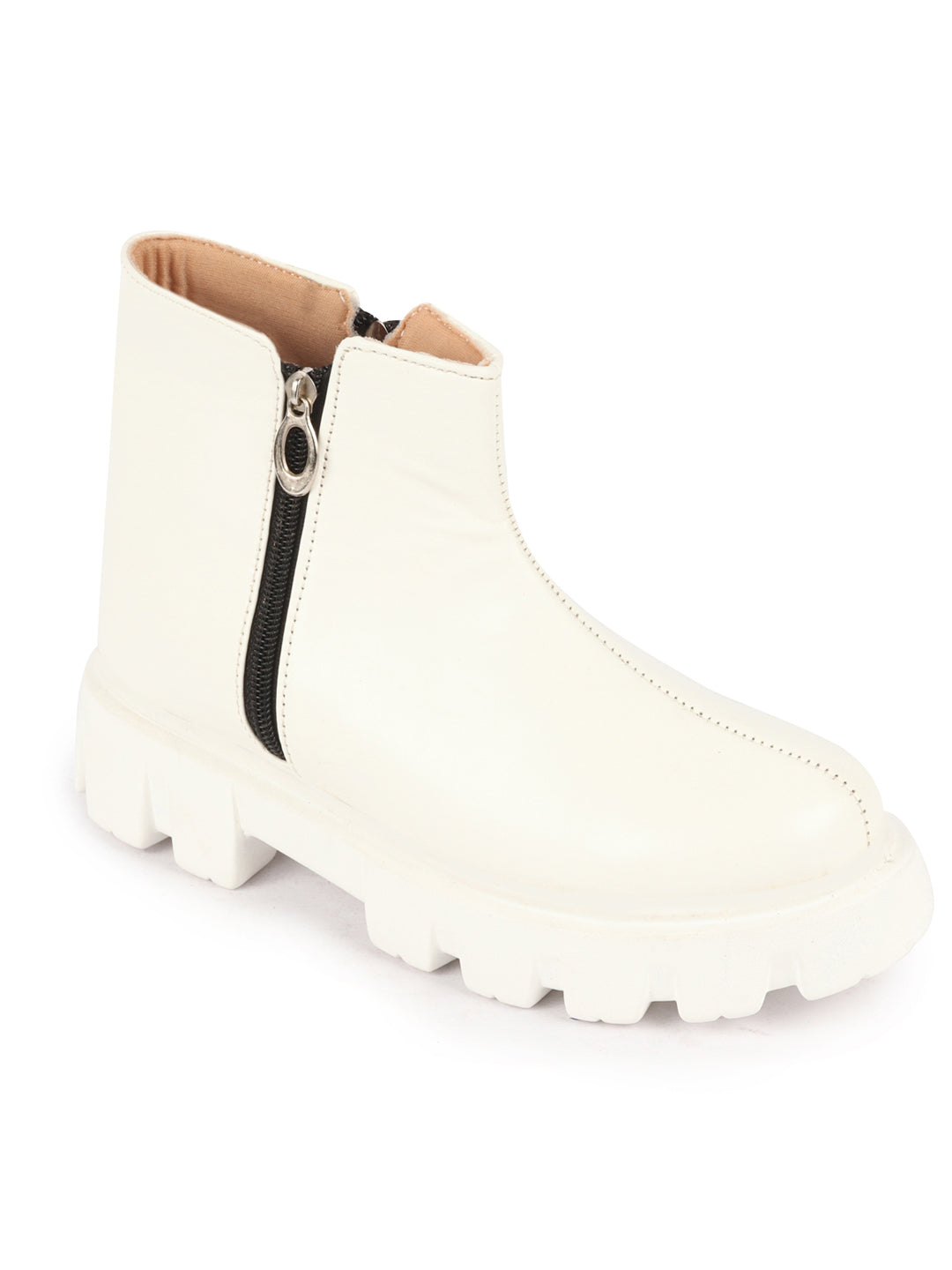 Women's White Chunky Side Zipper Office Work Boots