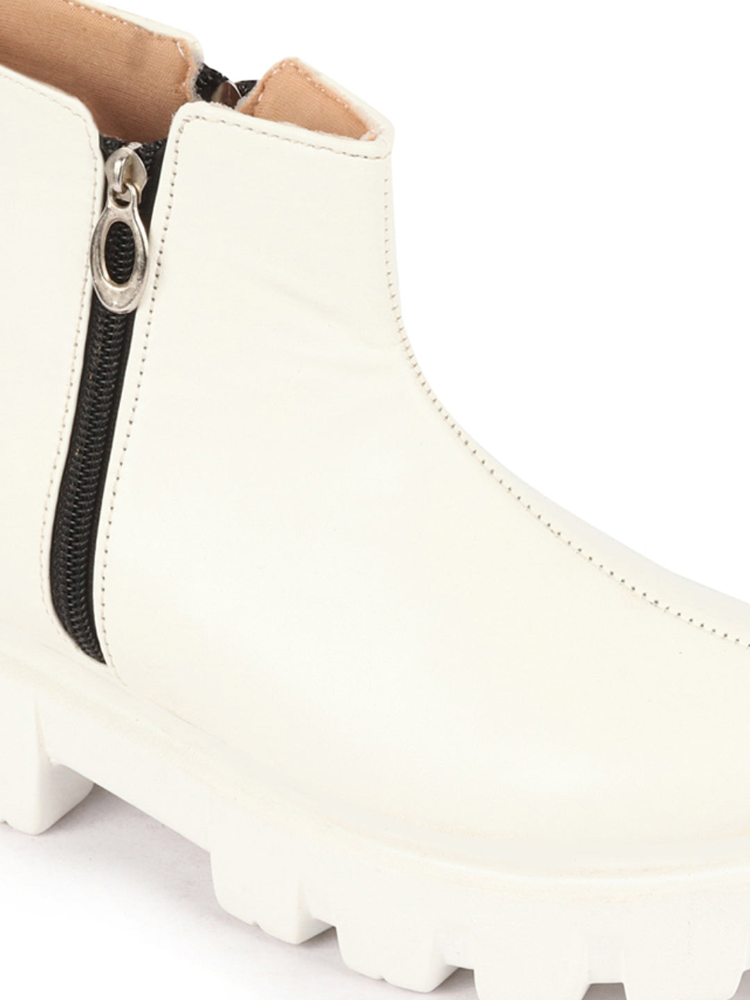 Women's White Chunky Side Zipper Office Work Boots