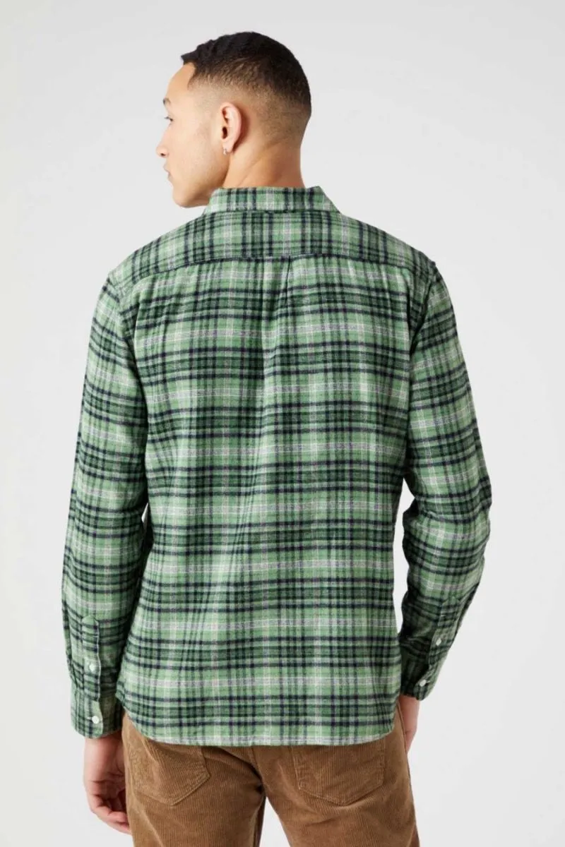 Wrangler One Pocket Flannel Check Long Sleeve Shirt in Stone Green