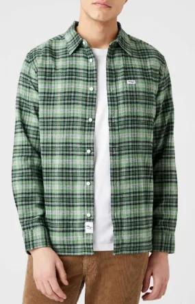 Wrangler One Pocket Flannel Check Long Sleeve Shirt in Stone Green