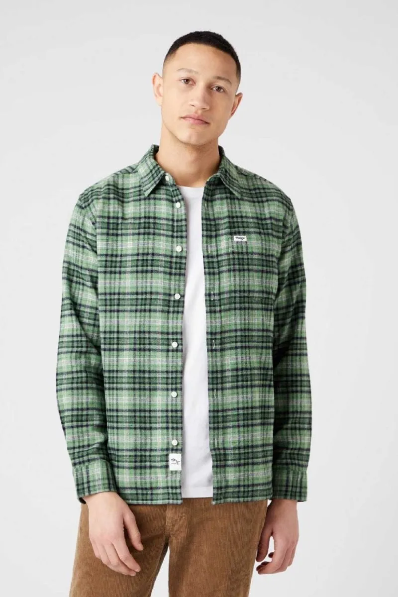 Wrangler One Pocket Flannel Check Long Sleeve Shirt in Stone Green